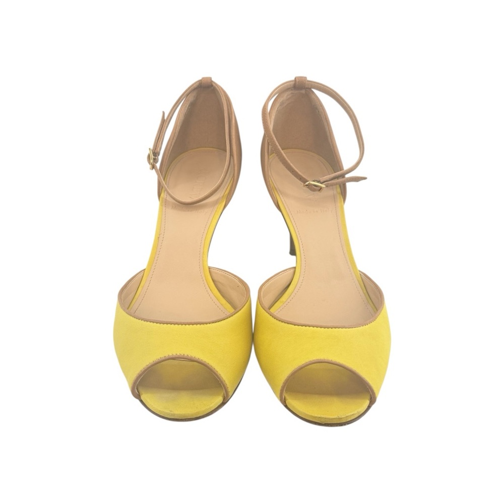J Crew D’Orsay Italian Leather Yellow Tan Open Toe Ankle Strap Heel.